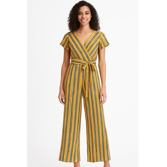 New LESLIE FAY Women's Yellow Navy Striped V-neck Jumsuit Size 4 - Picture 1 of 3